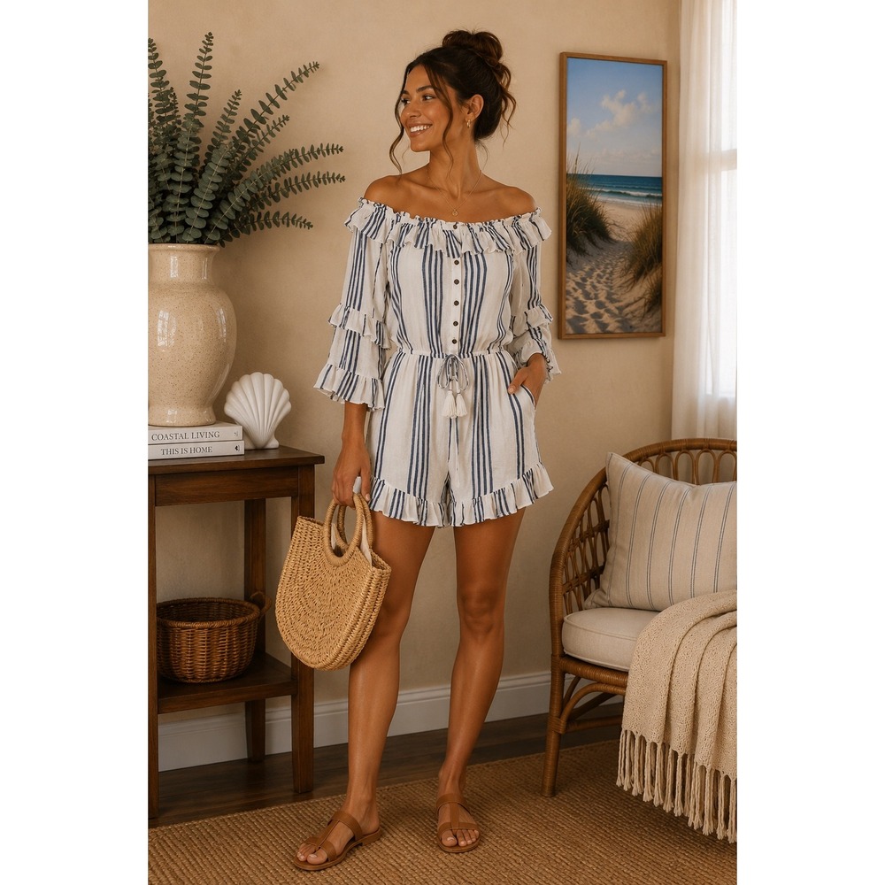 American Eagle Striped Off the Shoulder Ruffle Romper Coastal Boho Nautical XS